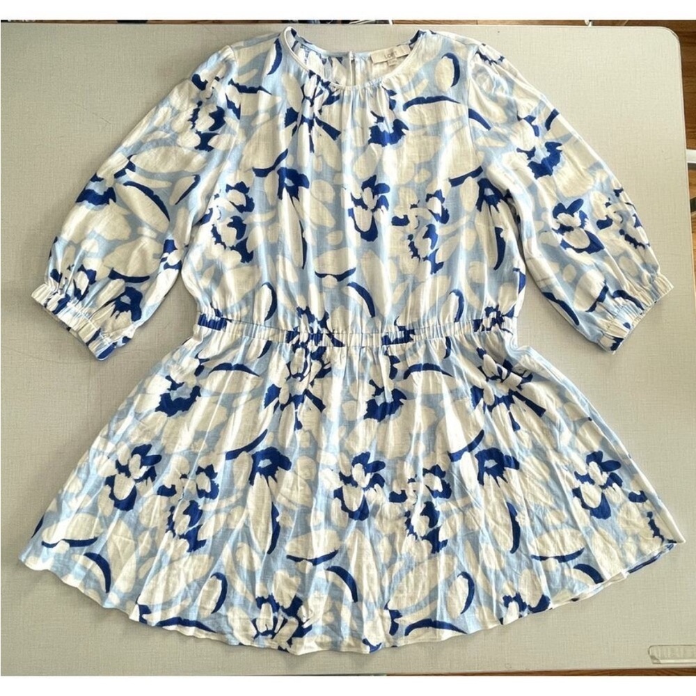 Loft XL Linen Blend Dress Blue Floral A-Line Vacation SPRING WEDDING GUEST DRESS - Picture 5 of 12